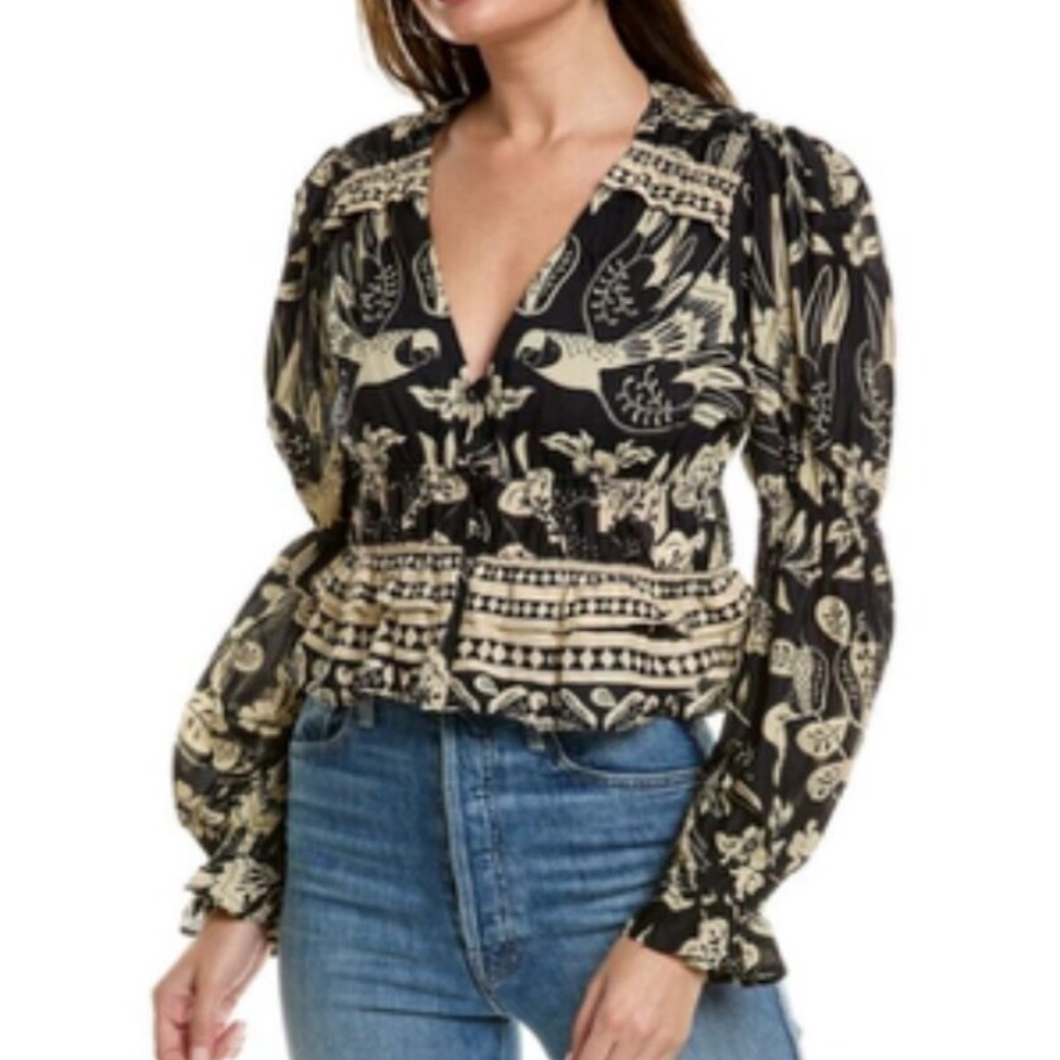 Farm Rio Black Cream Ainika Macaw Print Long Sleeve Blouse Top Sz S Boho Novelty